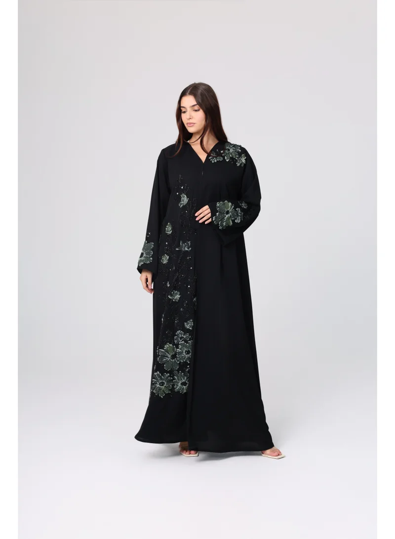IKKXA Beaded Green Floral Embroidery Abaya ABY1124 Black